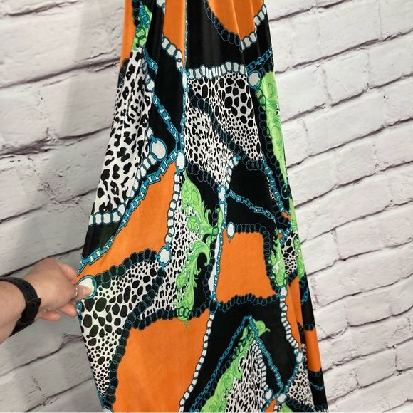 Paris Paris Maxi Dress SZ L Lined Bold Abstract Animal Print Orange Blue Crochet - Picture 3 of 12